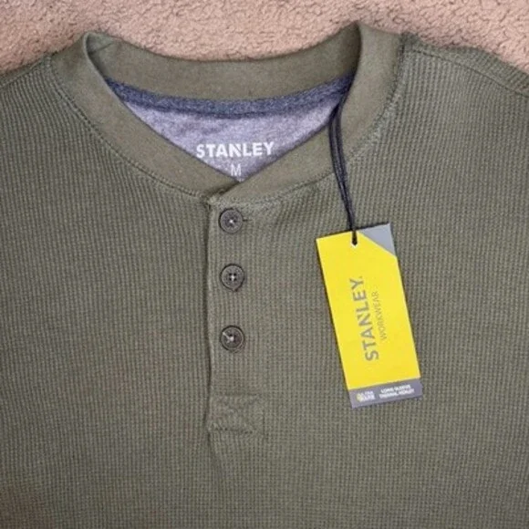 Stanley Workwear Henley Shirt Mens Med. Olive Thermal Waffle Knit, Long Sleeve - Picture 2 of 5